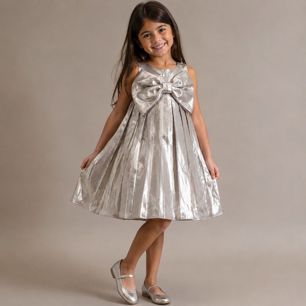Zara Metallic oversized bow Pleated Dress silver size 8 NWT